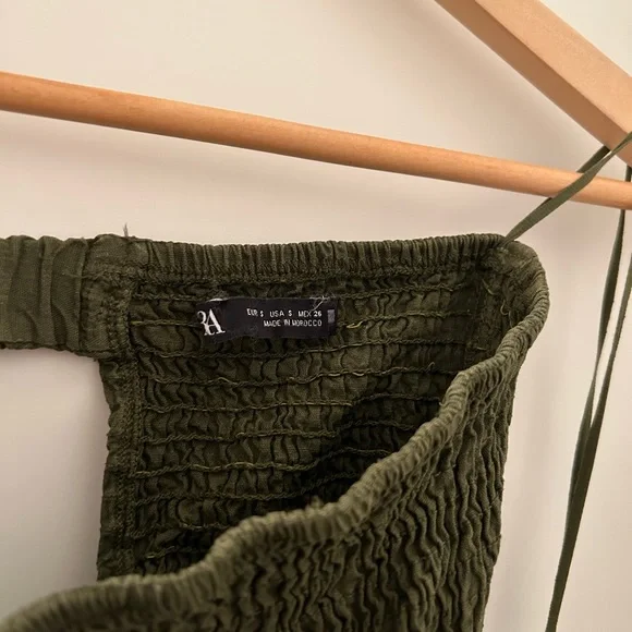 *WORN ONCE* Zara linen blend smocked dress in dark olive green - Picture 4 of 7